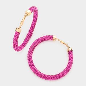 Gold Pink Stone Detail 2.5" Rhinestone Hoop Crystal Pave Round Bling Sparkling